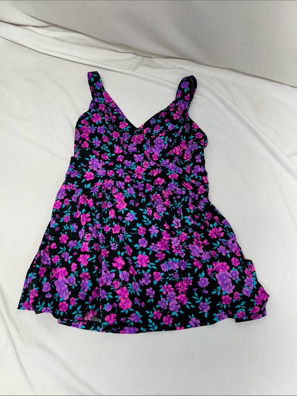 Maxine of Hollywood Black Floral One-Piece Swimsuit Swim Dress Size 14